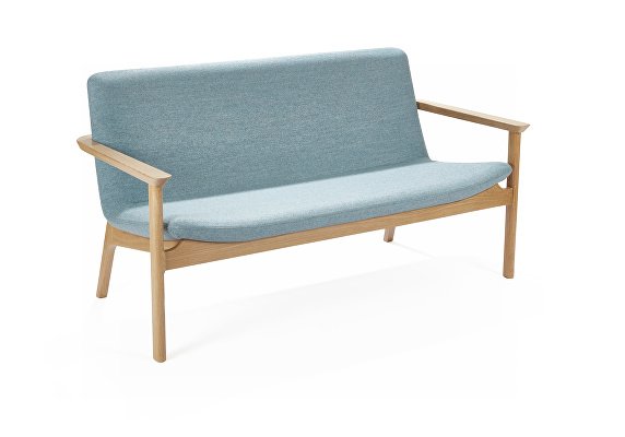 Swoosh sofa with wooden arm frame